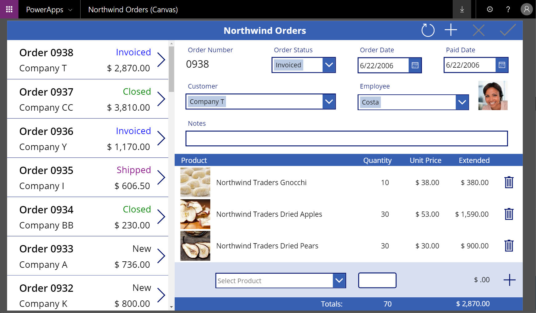 Lista över beställningar och detaljer i Northwind arbetsyta app.