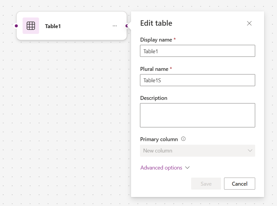 Skärmbild som visar popup-fönstret Redigera tabellegenskaper bredvid en tabell i arbetsytan.