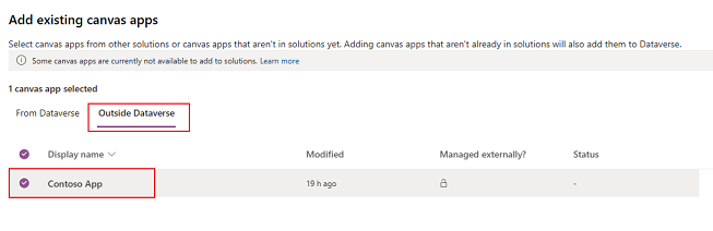 Skärmbild av fliken Utanför Dataverse med arbetsyteapp markerat och knappen Lägg till markerad.