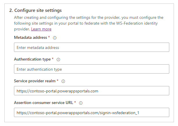 Konfigurera WS-Federation-webbplatsinställningar.