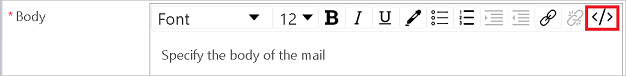 Skärmbild på knappen som du kan använda för att ange HTML i e-postmeddelandets brödtext.