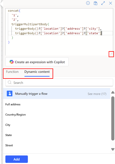Skärmbild av handtaget och flikarna Dynamiskt innehåll och Funktion.