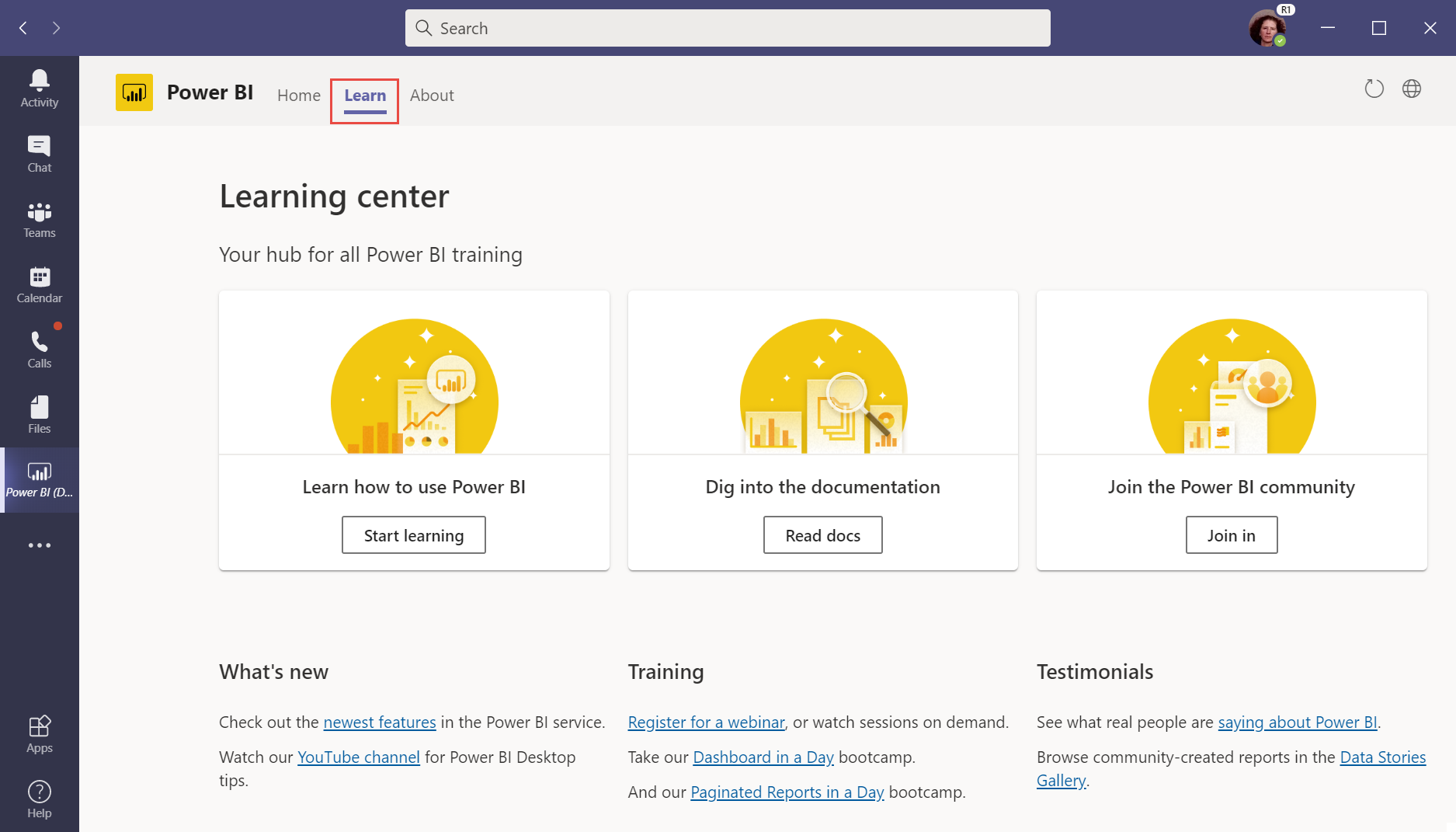 Screenshot of the Learning center in the Power BI app in Microsoft Teams. The Learn tab is selected in Teams and the Power BI navigation pane.