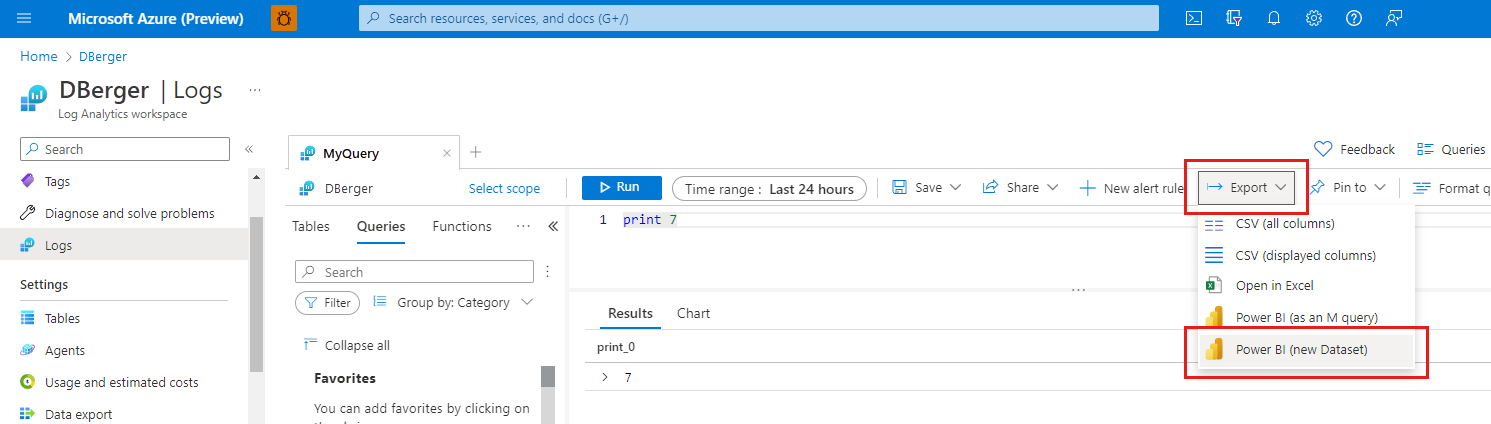 Screenshot showing Export to Power BI option in the Log Analytics Export menu.