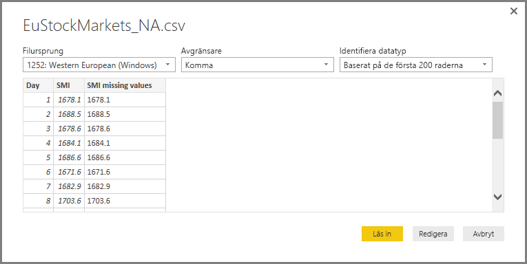 Screenshot of the CSV file dialog, showing the selected CSV.