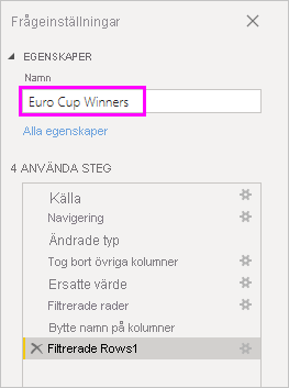 Screenshot shows Query Settings with the name Euro Cup Winners entered.
