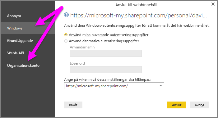 Screenshot of the Power BI Desktop credential prompt, showing Windows or Organizational account selection.