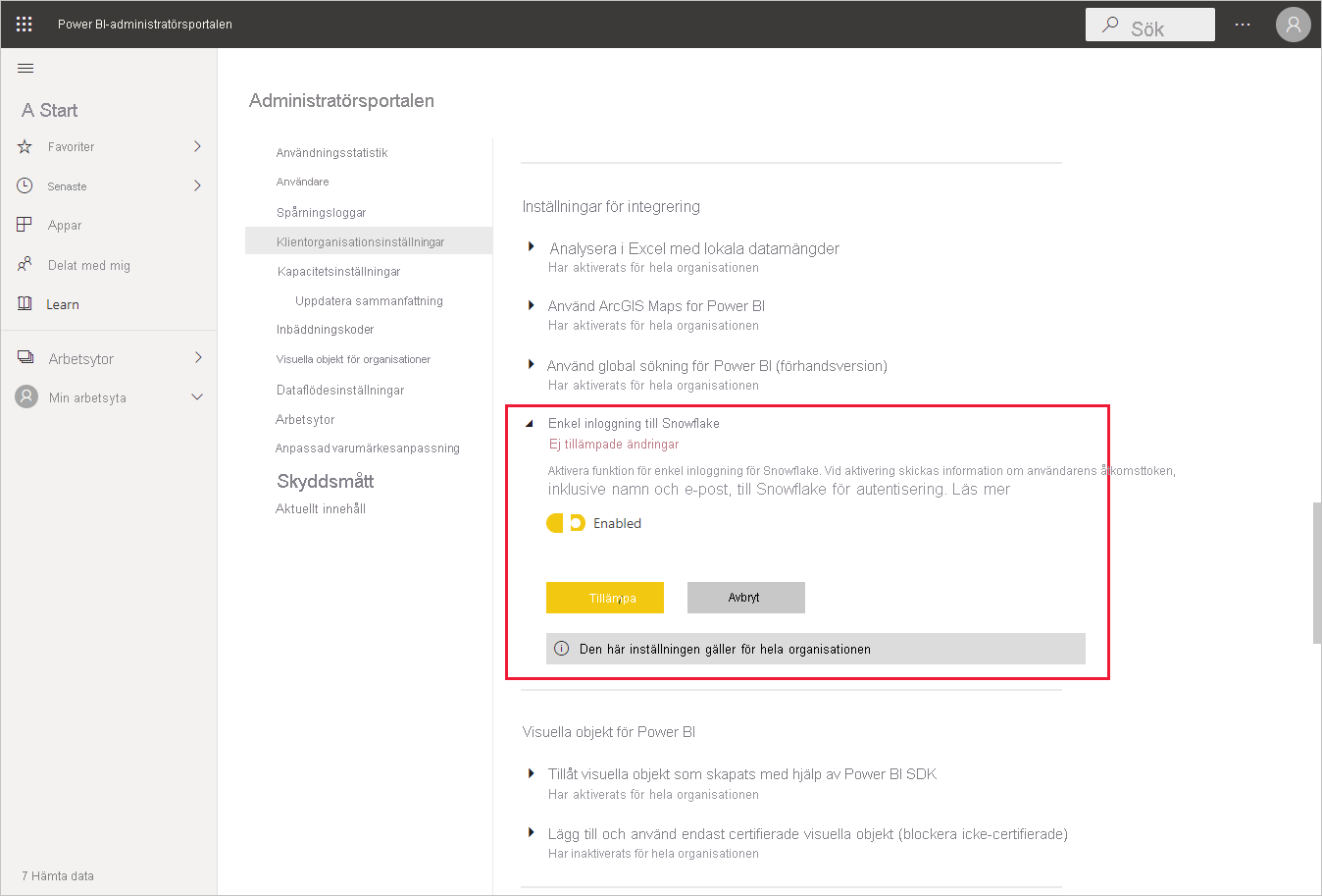 Screenshot of the Admin portal with Snowflake SSO settings highlighted.