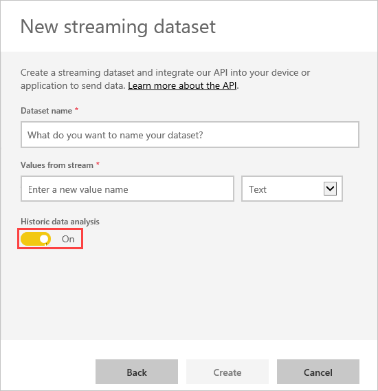 Screenshot of the New streaming semantic model, showing Historic data analysis enabled.