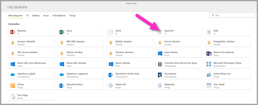 Screenshot shows Choose a data source, which includes Text/CSV.