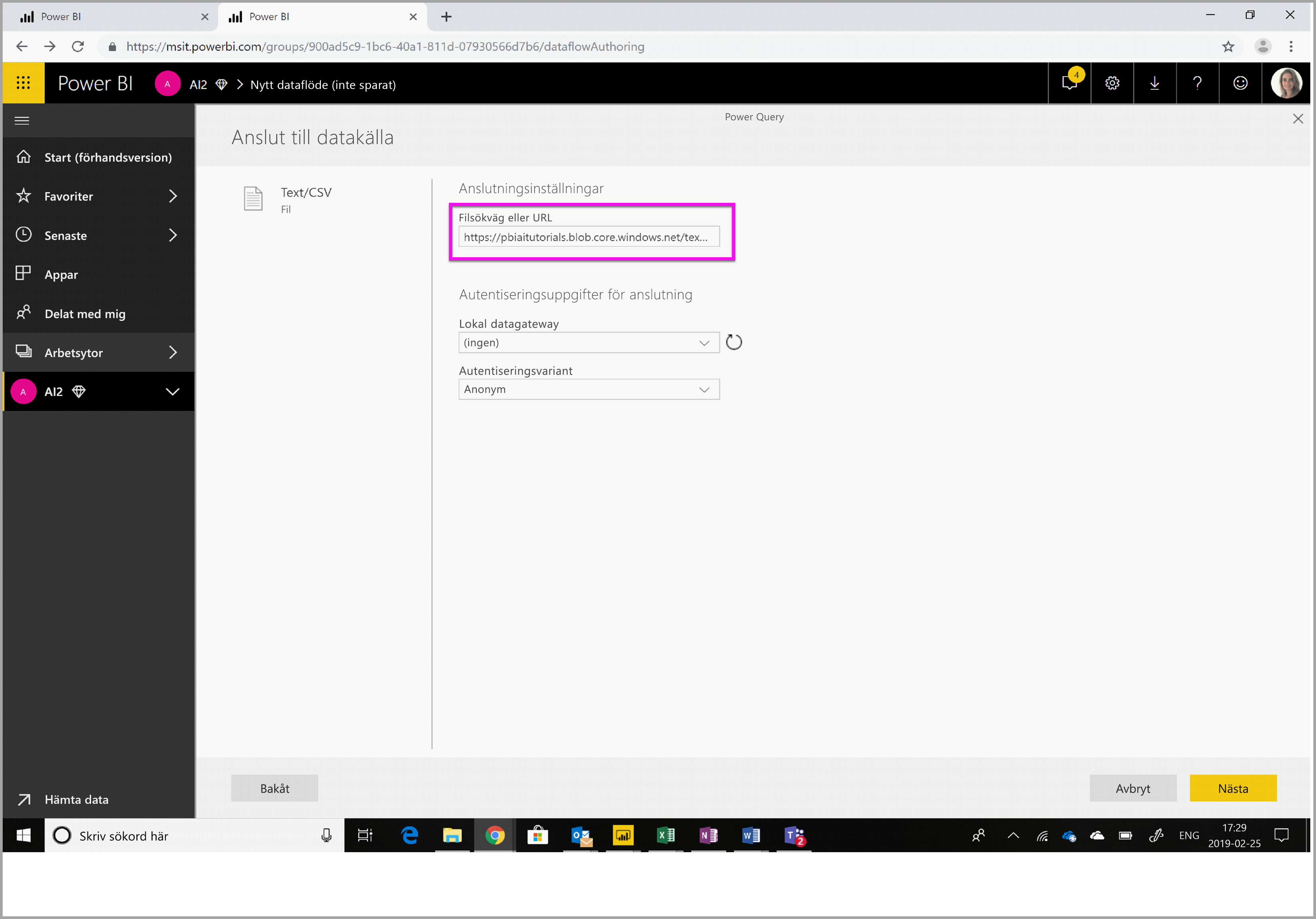 Screenshot shows Connect to data source where you enter the URL.