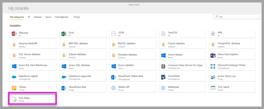 Screenshot shows Choose a data source, which includes Blank query.