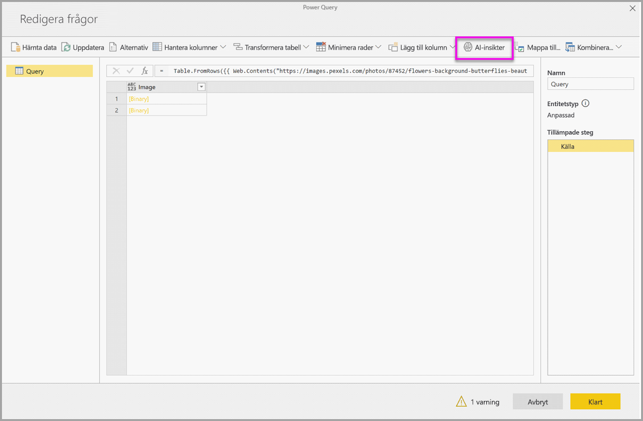 Screenshot shows Edit queries with All insights selected and one warning displayed.