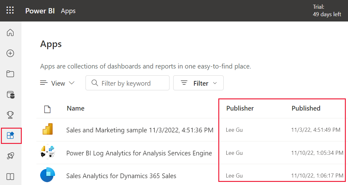 Skärmbild som visar en lista över appar med ett publicerat datum och en utgivare.