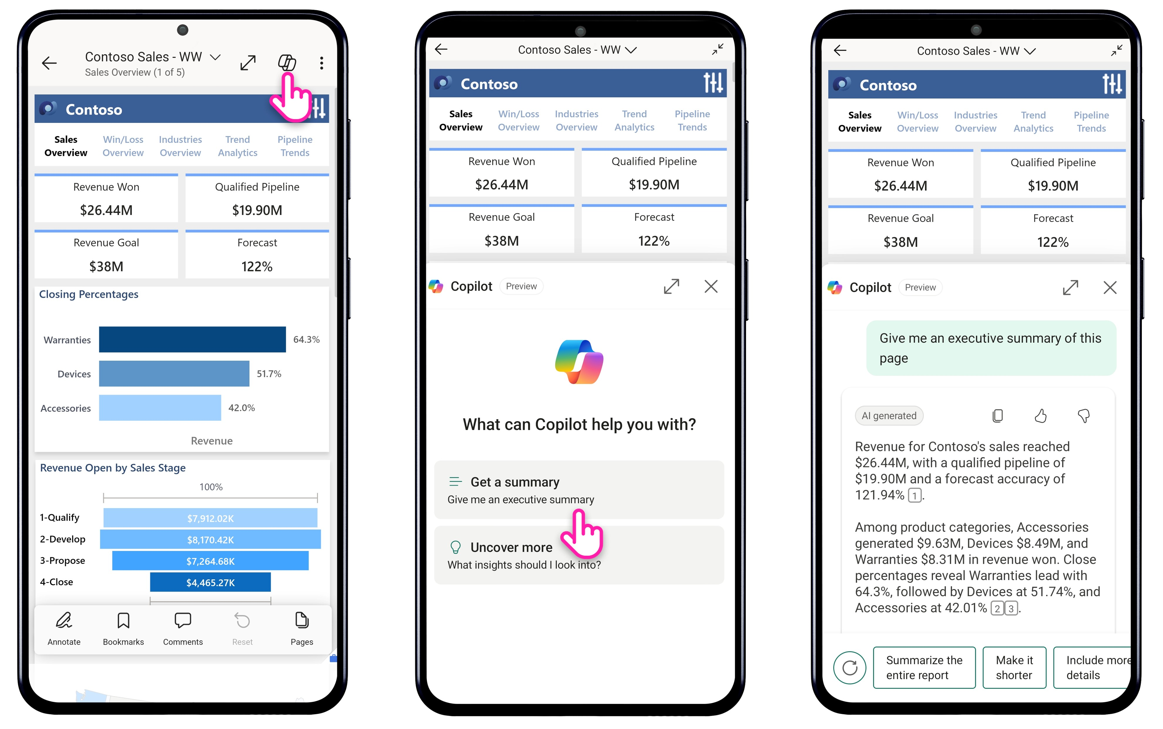 Skärmbild som illustrerar hur du använder Copilot i Power BI-mobilapparna.