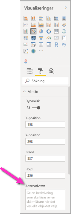 Screenshot of the Visualizations pane, highlighting the Alt text box.