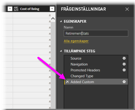 Screenshot of the Query Settings dialog box, highlighting Added Custom.