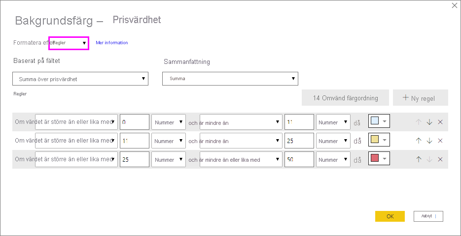 Conditional formatting dialog for background color by rules: format style dropdown option is set to rules.