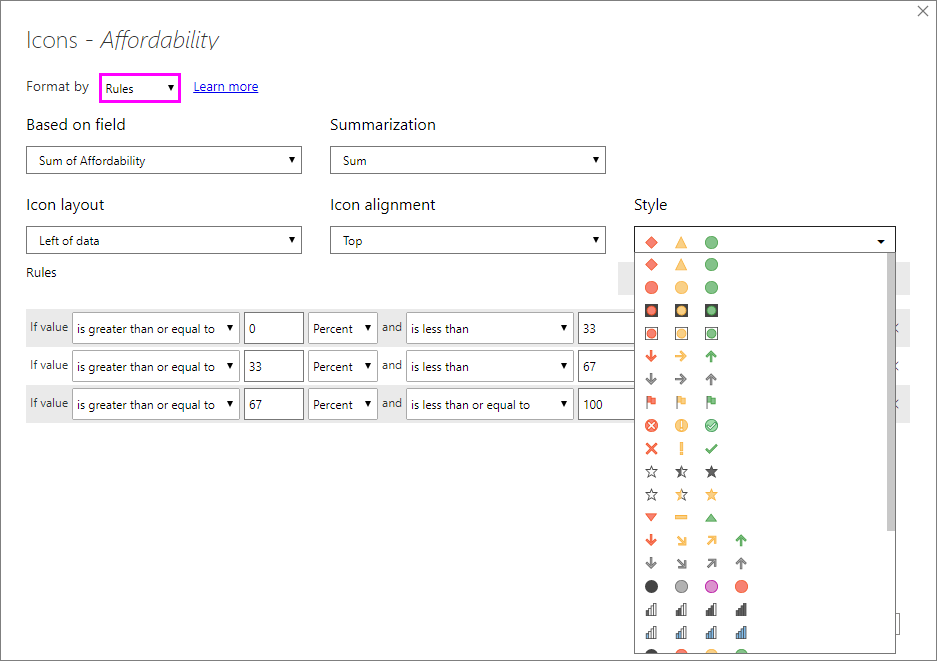 Dialog of icons: format style is set to Rules. Available icons are shown under the Style dropdown.