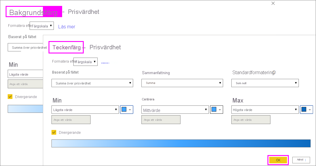 Conditional formatting dialog for Background color and Font color