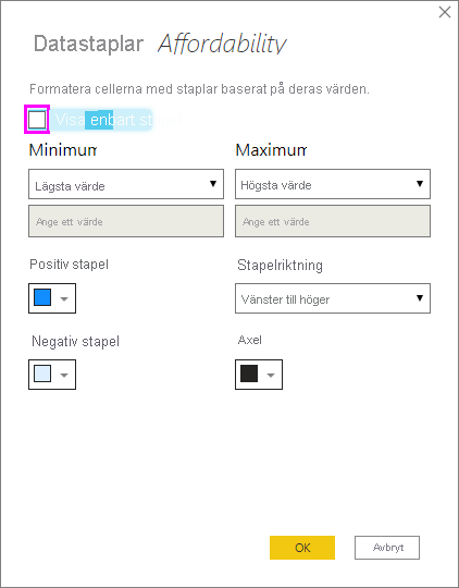 Data bars dialog with optional checkbox to Show bar only