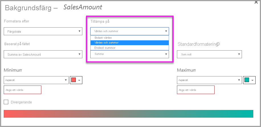 Conditional formatting dialog: Apply to dropdown is set to Values and totals.