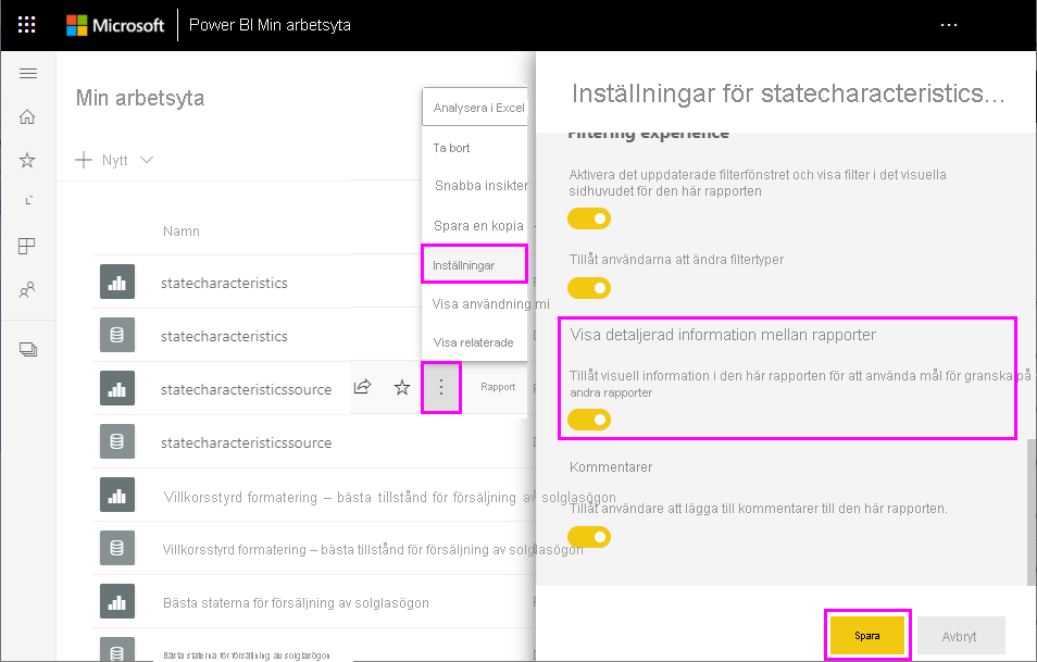 Screenshot showing enabling cross-report drillthrough in the Power B I service.