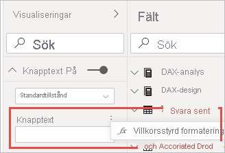 Screenshot of the Text pane, highlighting the Conditional formatting button for the button text.