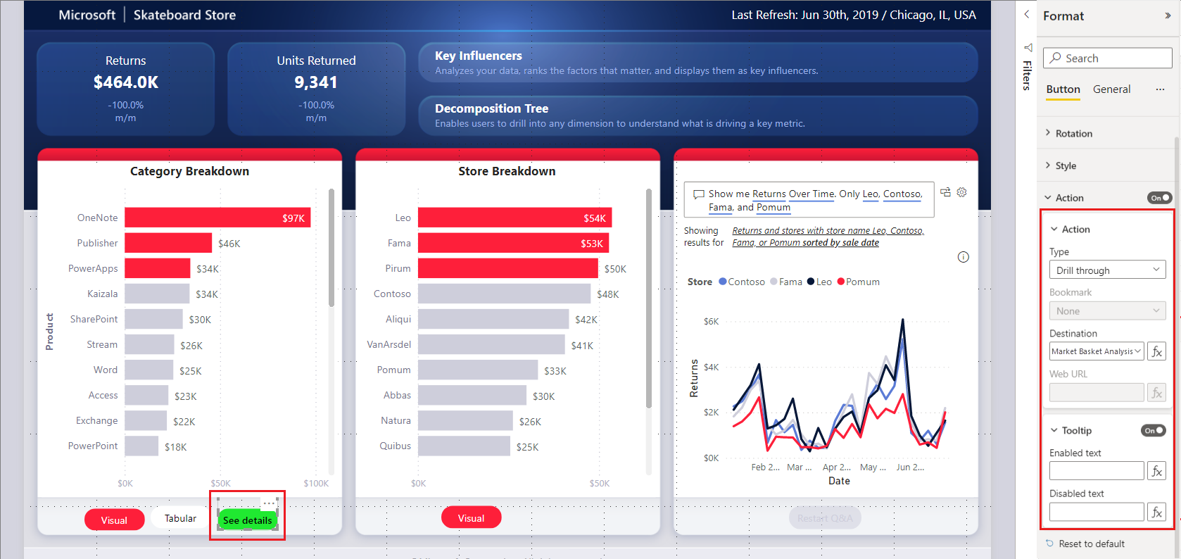 Skapa en knapp för visning av detaljerad information i Power BI Power