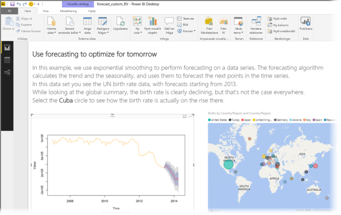 Screenshot of the R-powered forecasting visual working with birth rate data and projections.