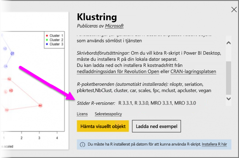 Screenshot showing the supported R versions for a Power B I R-powered custom visual.