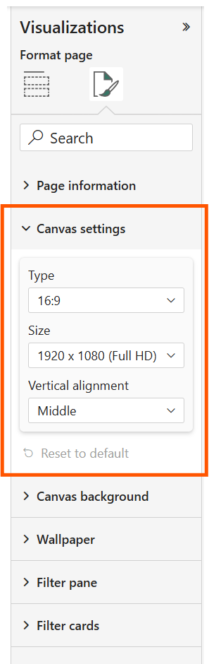 Skärmbild av alternativ för inställningar av canvas.