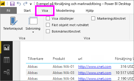 Skärmbild av inställningarna för skrivbordssidans vy.