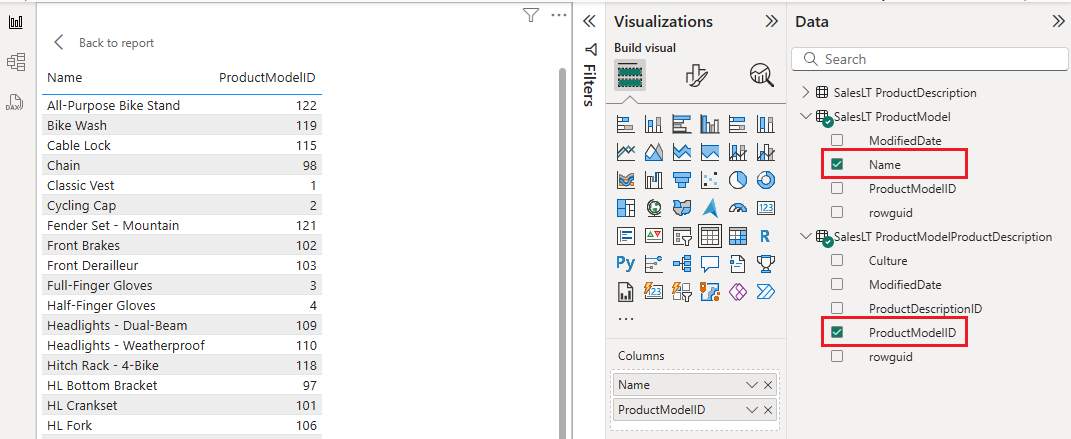Skärmbild som visar hur du väljer kolumnerna Namn och ProductModelID som ska läggas till i rapporten.