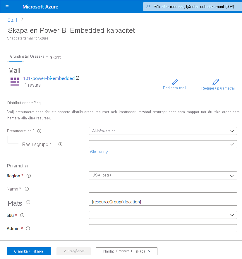 Skärmbild som visar fliken Grundläggande på sidan Skapa en Power BI Embedded-kapacitet för att skapa ny kapacitet i Azure-portalen.