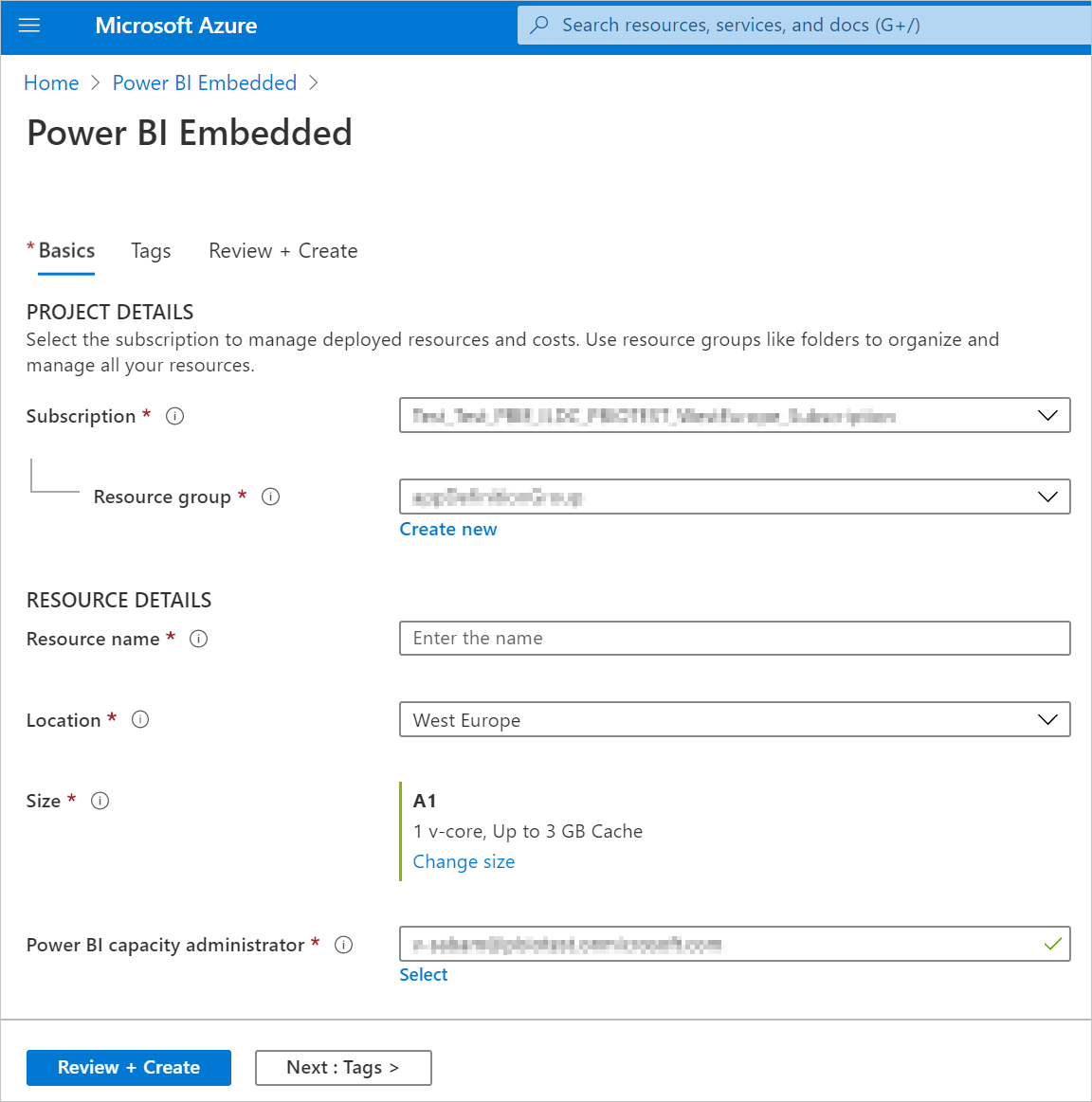 Skärmbild som visar fliken Grundläggande på sidan Power BI Embedded för att skapa ny kapacitet i Azure-portalen.