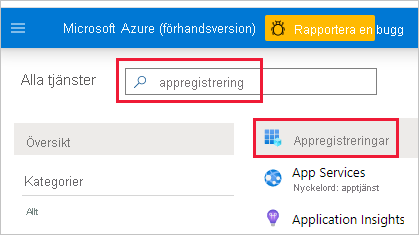 Screenshot of the Azure portal, with app registration in the search box. That box and the App registrations icon are highlighted.