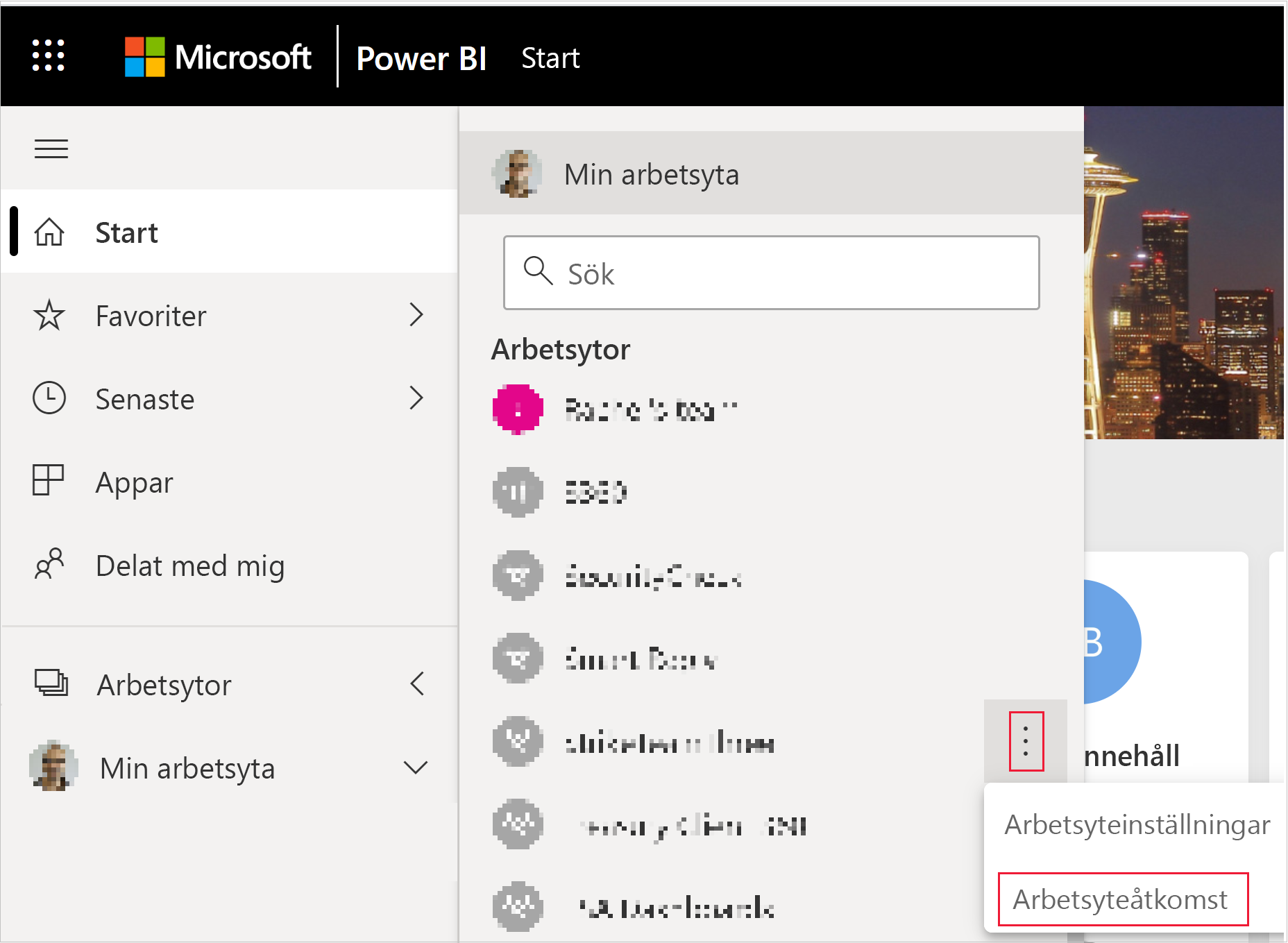 Screenshot showing the workspace access button in the more menu of a Power B I workspace.