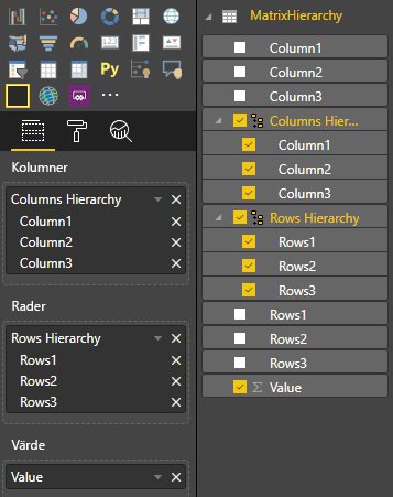 Skärmbild som visar MatrixHierarchy med kolumnerna och radhierarkin och deras medlemmar valda.