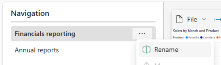 Skärmbild som visar hur du byter namn på ett navigeringselement i en organisationsapp.