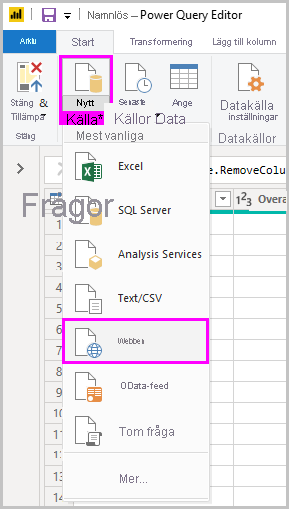 Screenshot of Power B I Desktop showing the Power Query Editor selecting Web from New Source.