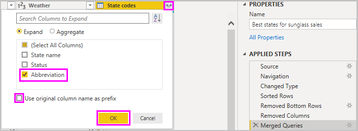 Screenshot of Power B I Desktop showing the State Codes Abbreviation column.