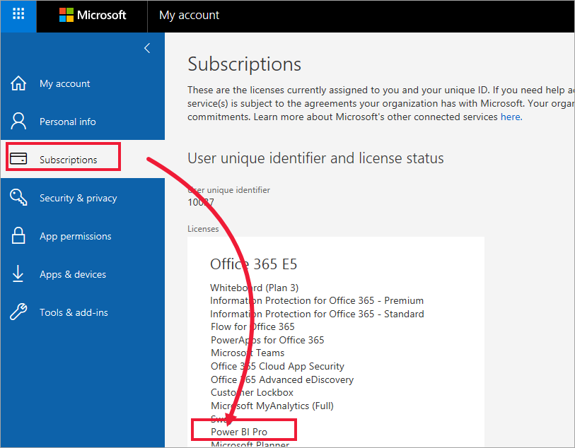 Skärmbild av fliken Office-portalprenumerationer som visar Office 365 E5-prenumeration.