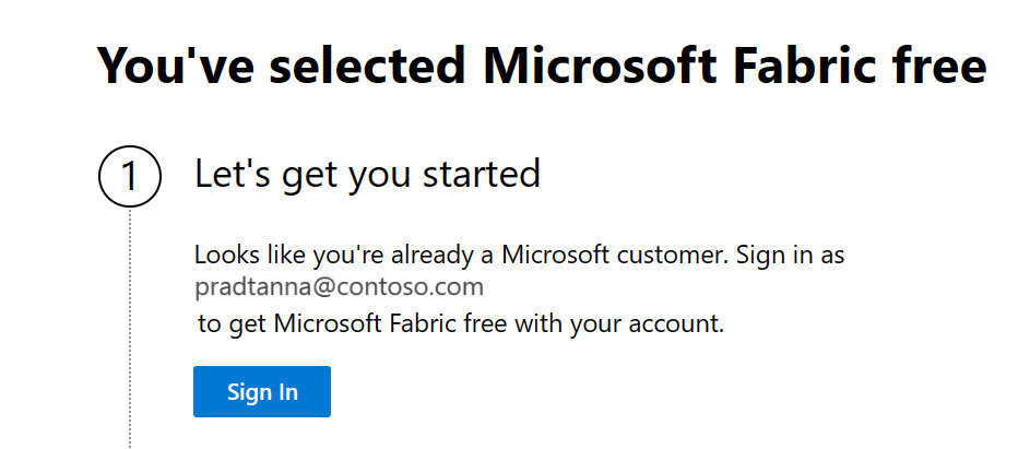 Skärmbild av Power BI-tjänst som visar att Microsoft känner igen e-postmeddelandet.