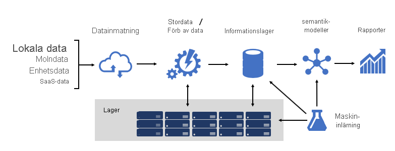 Diagram som visar bi-plattformens arkitekturdiagram, från datakällor till datainmatning, stordata, lagring, informationslager, BI-semantisk modellering, rapportering och maskininlärning.