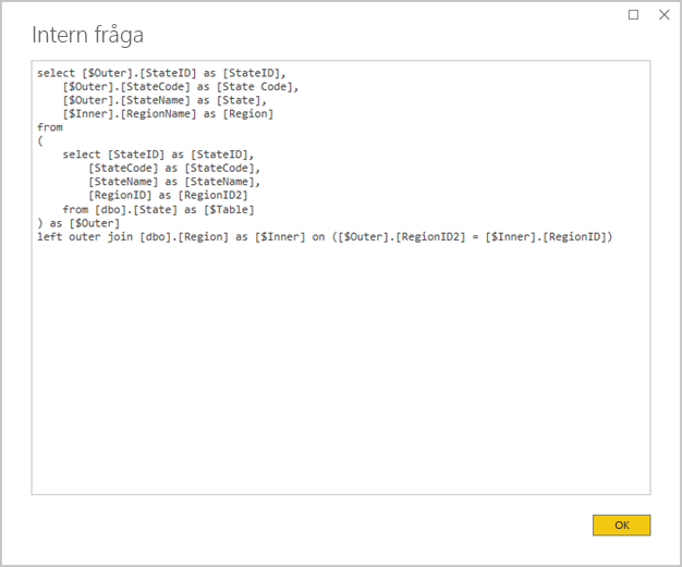 Skärmbild som visar Power BI Desktop och fönstret Native Query. En frågesats kopplar ihop två källtabeller.