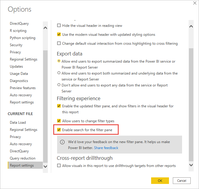 Skärmbild av menyn Alternativ som markerar fönstret Aktivera sökning efter filter.
