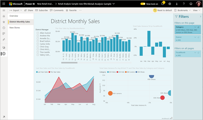 Skärmbild av Power BI-tjänst exempel på detaljhandelsanalys.