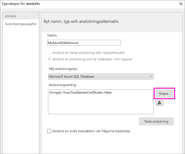 Screenshot showing Build button in Data source properties.