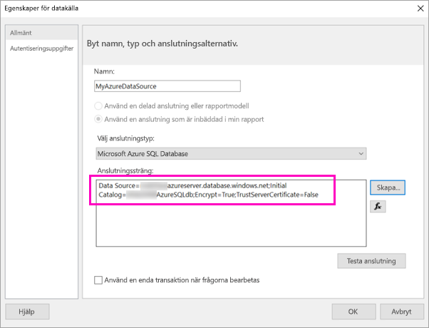 Screenshot showing Data source connection string.